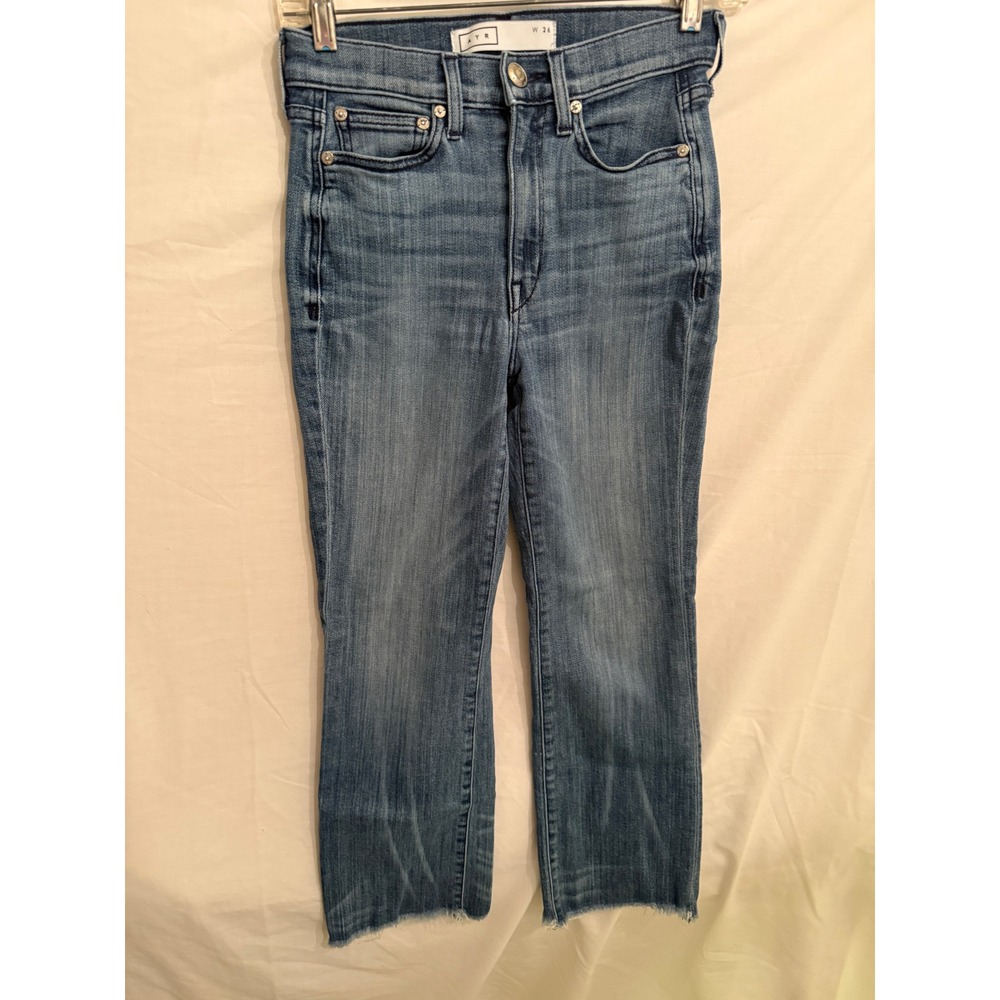 AYR The Bomb Blue High Rise Straight Raw Hem Jeans Size 26 Medium Wash